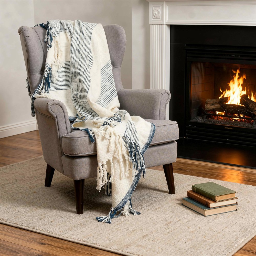 50" X 60" Ivory Cotton Woven Striped Throw Blanket with Fringe HomeRoots