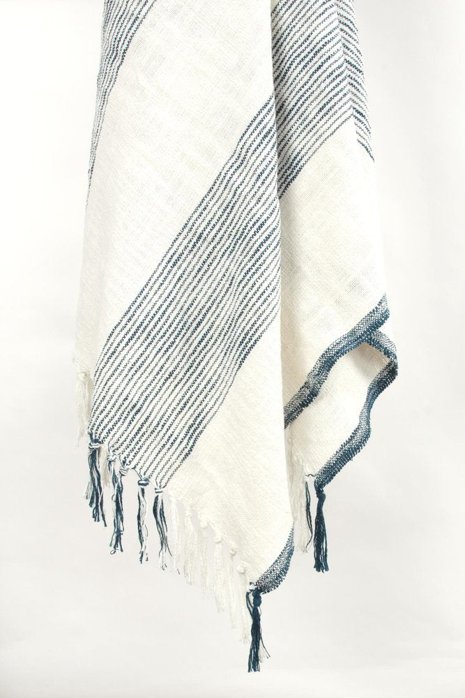 50" X 60" Ivory Cotton Woven Striped Throw Blanket with Fringe HomeRoots