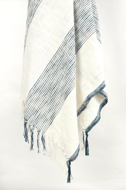 50" X 60" Ivory Cotton Woven Striped Throw Blanket with Fringe HomeRoots