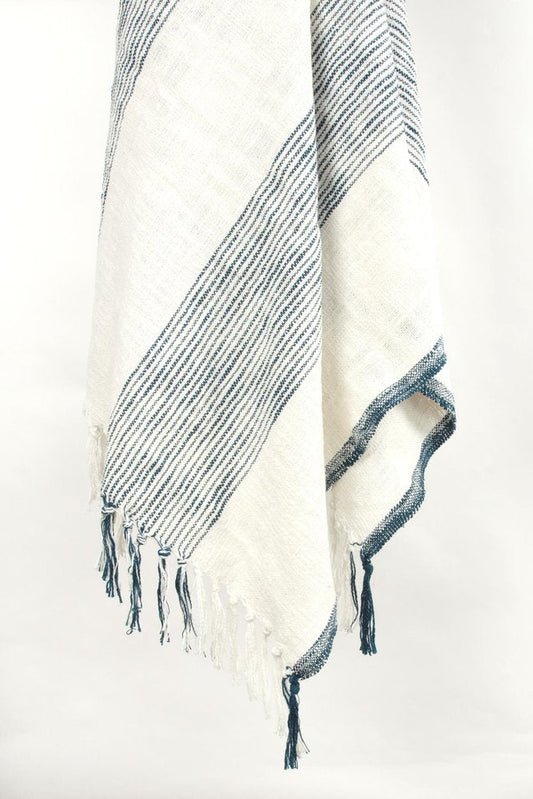 50" X 60" Ivory Cotton Woven Striped Throw Blanket with Fringe HomeRoots
