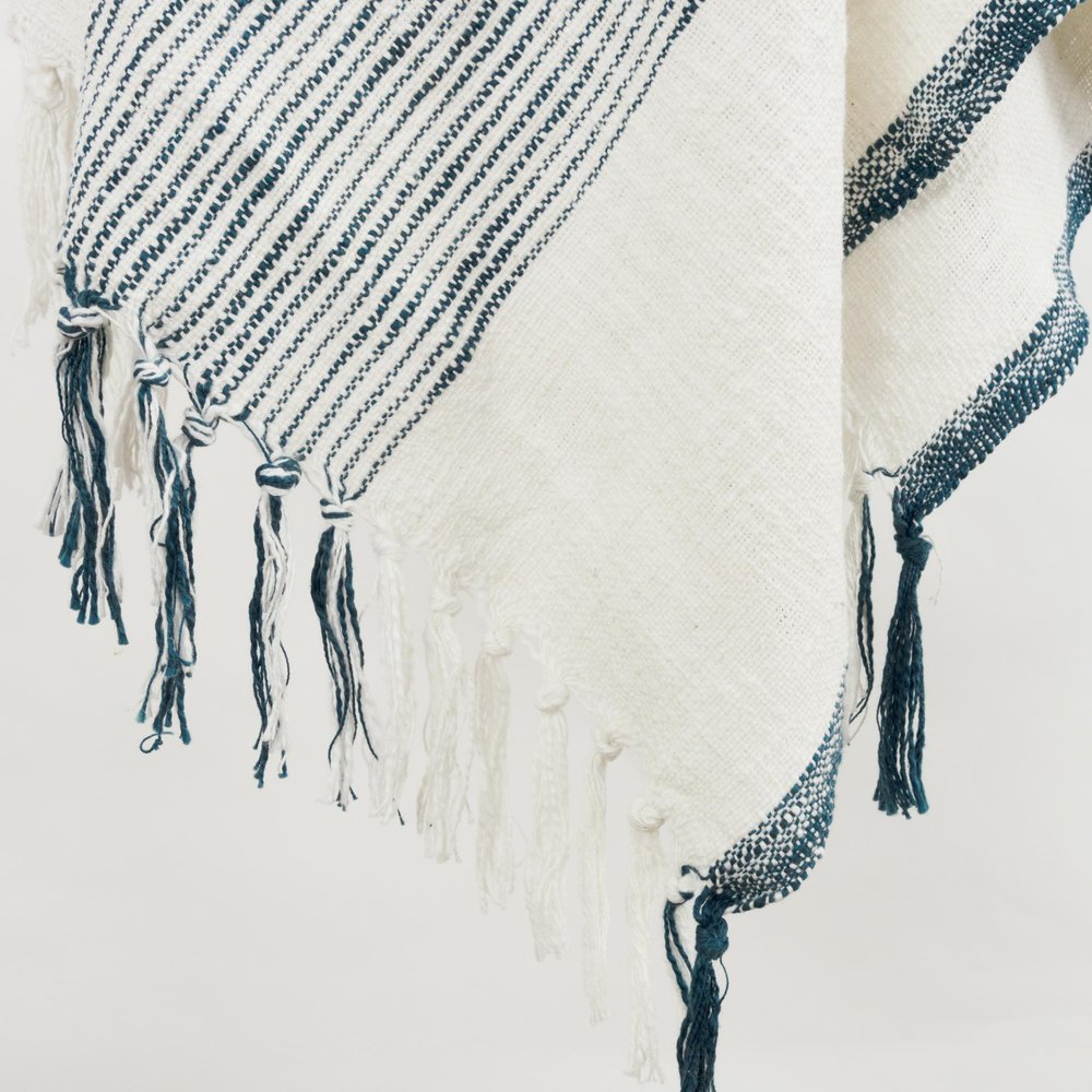 50" X 60" Ivory Cotton Woven Striped Throw Blanket with Fringe HomeRoots