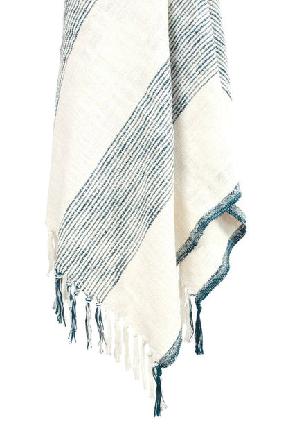 50" X 60" Ivory Cotton Woven Striped Throw Blanket with Fringe HomeRoots