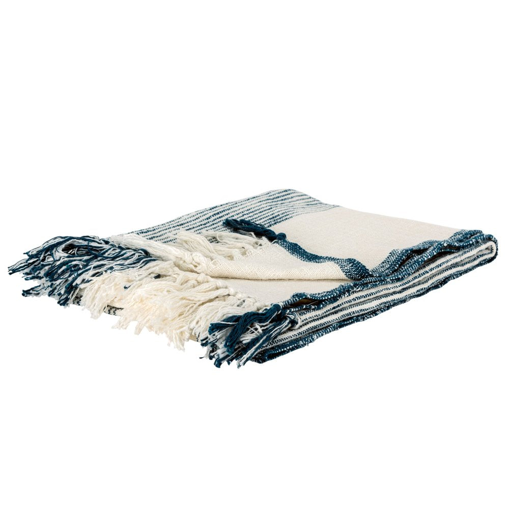 50" X 60" Ivory Cotton Woven Striped Throw Blanket with Fringe HomeRoots