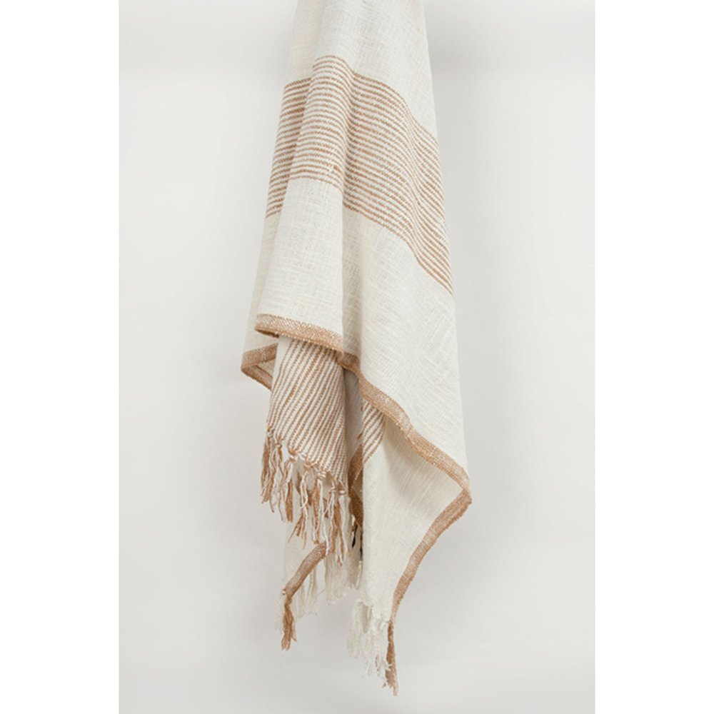 50" X 60" Ivory Cotton Woven Striped Throw Blanket with Fringe HomeRoots