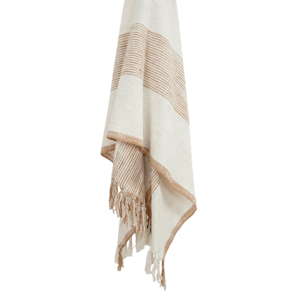 50" X 60" Ivory Cotton Woven Striped Throw Blanket with Fringe HomeRoots