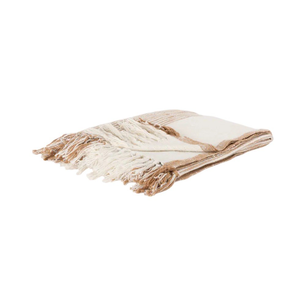50" X 60" Ivory Cotton Woven Striped Throw Blanket with Fringe HomeRoots