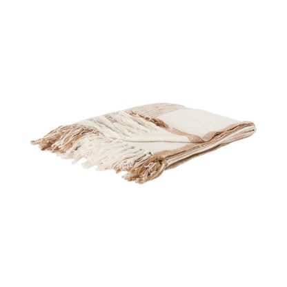 50" X 60" Ivory Cotton Woven Striped Throw Blanket with Fringe HomeRoots