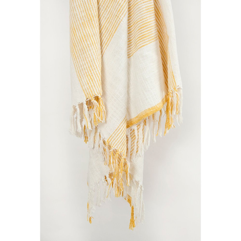 50" X 60" Yellow And Ivory Cotton Woven Striped Throw Blanket with Fringe HomeRoots