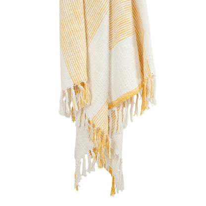 50" X 60" Yellow And Ivory Cotton Woven Striped Throw Blanket with Fringe HomeRoots