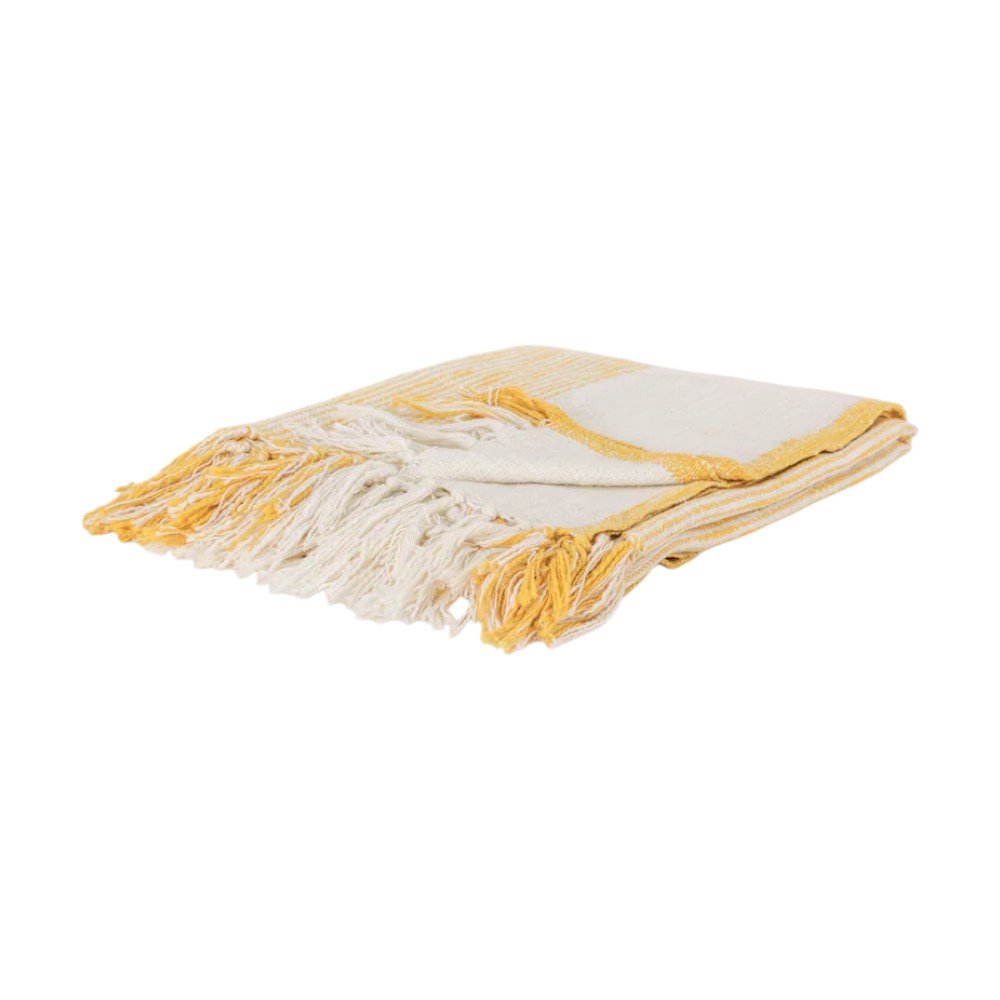 50" X 60" Yellow And Ivory Cotton Woven Striped Throw Blanket with Fringe HomeRoots