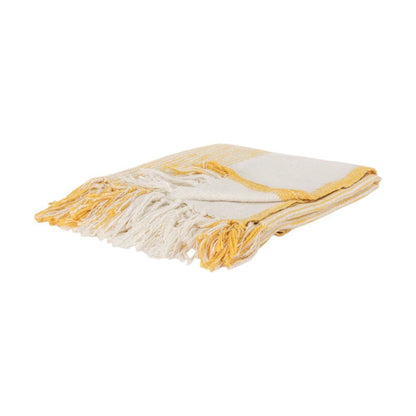 50" X 60" Yellow And Ivory Cotton Woven Striped Throw Blanket with Fringe HomeRoots
