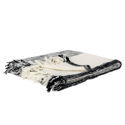 50" X 60" Black And Ivory Cotton Woven Striped Throw Blanket with Fringe HomeRoots