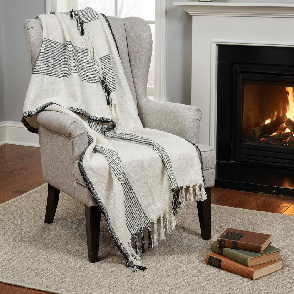 50" X 60" Black And Ivory Cotton Woven Striped Throw Blanket with Fringe HomeRoots