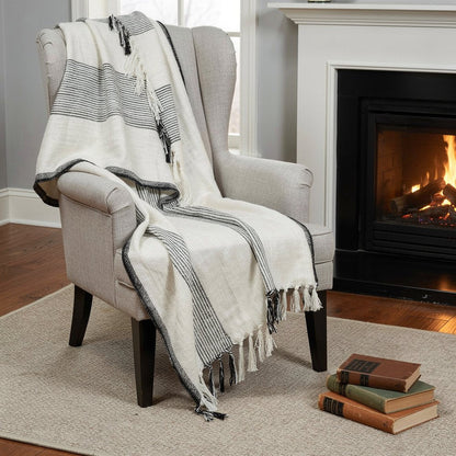 50" X 60" Black And Ivory Cotton Woven Striped Throw Blanket with Fringe HomeRoots
