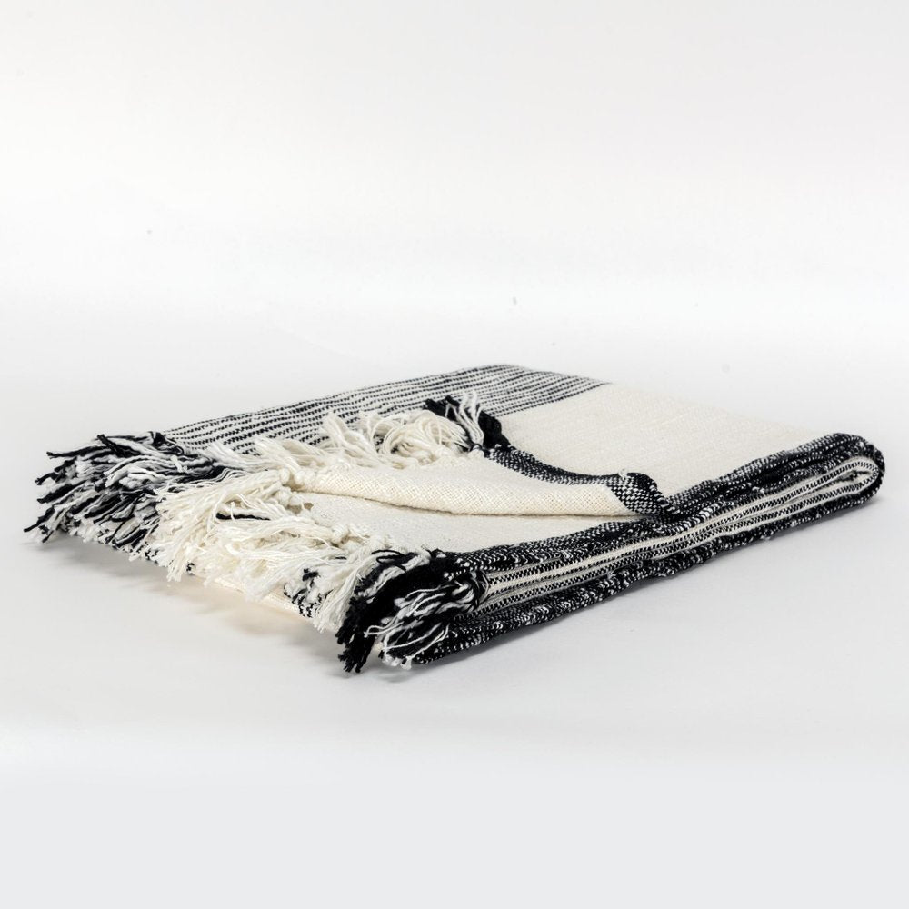 50" X 60" Black And Ivory Cotton Woven Striped Throw Blanket with Fringe HomeRoots