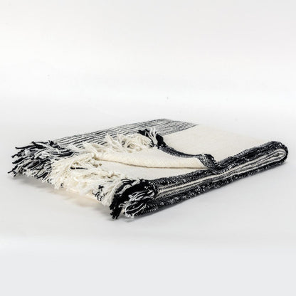 50" X 60" Black And Ivory Cotton Woven Striped Throw Blanket with Fringe HomeRoots