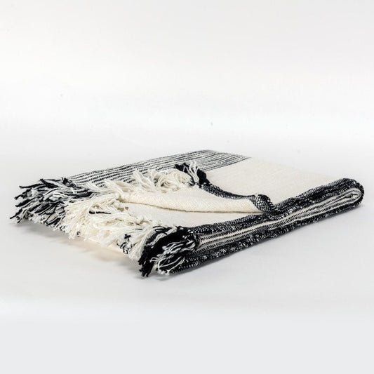 50" X 60" Black And Ivory Cotton Woven Striped Throw Blanket with Fringe HomeRoots