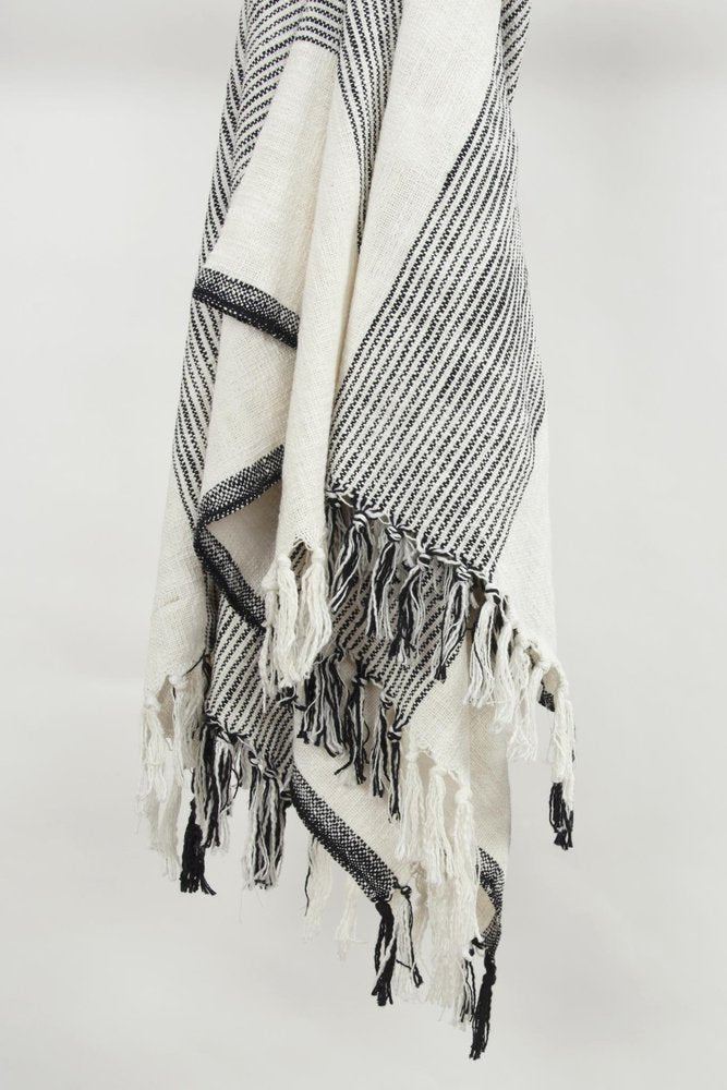 50" X 60" Black And Ivory Cotton Woven Striped Throw Blanket with Fringe HomeRoots