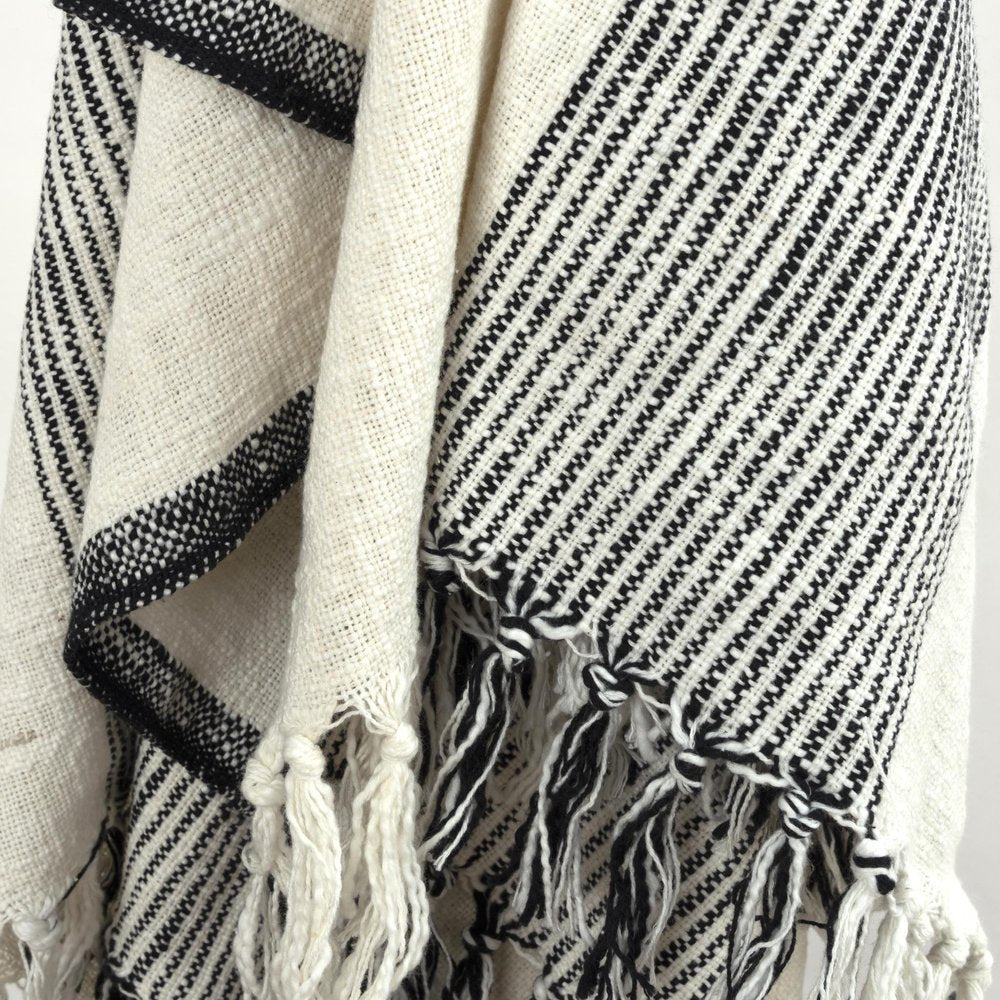 50" X 60" Black And Ivory Cotton Woven Striped Throw Blanket with Fringe HomeRoots