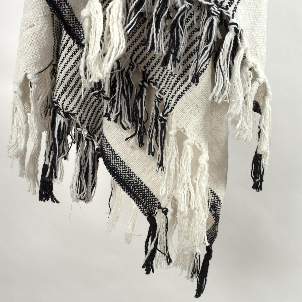 50" X 60" Black And Ivory Cotton Woven Striped Throw Blanket with Fringe HomeRoots