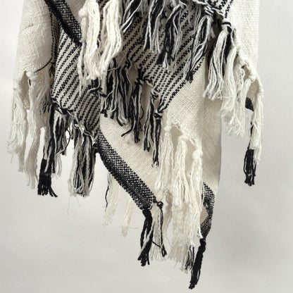 50" X 60" Black And Ivory Cotton Woven Striped Throw Blanket with Fringe HomeRoots
