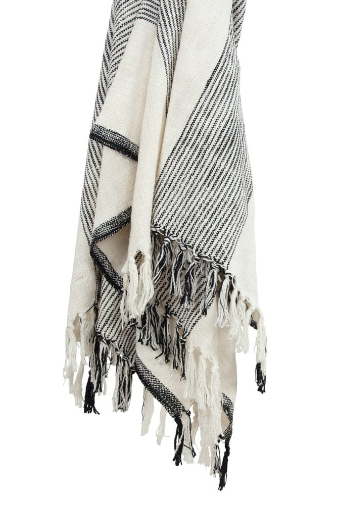 50" X 60" Black And Ivory Cotton Woven Striped Throw Blanket with Fringe HomeRoots