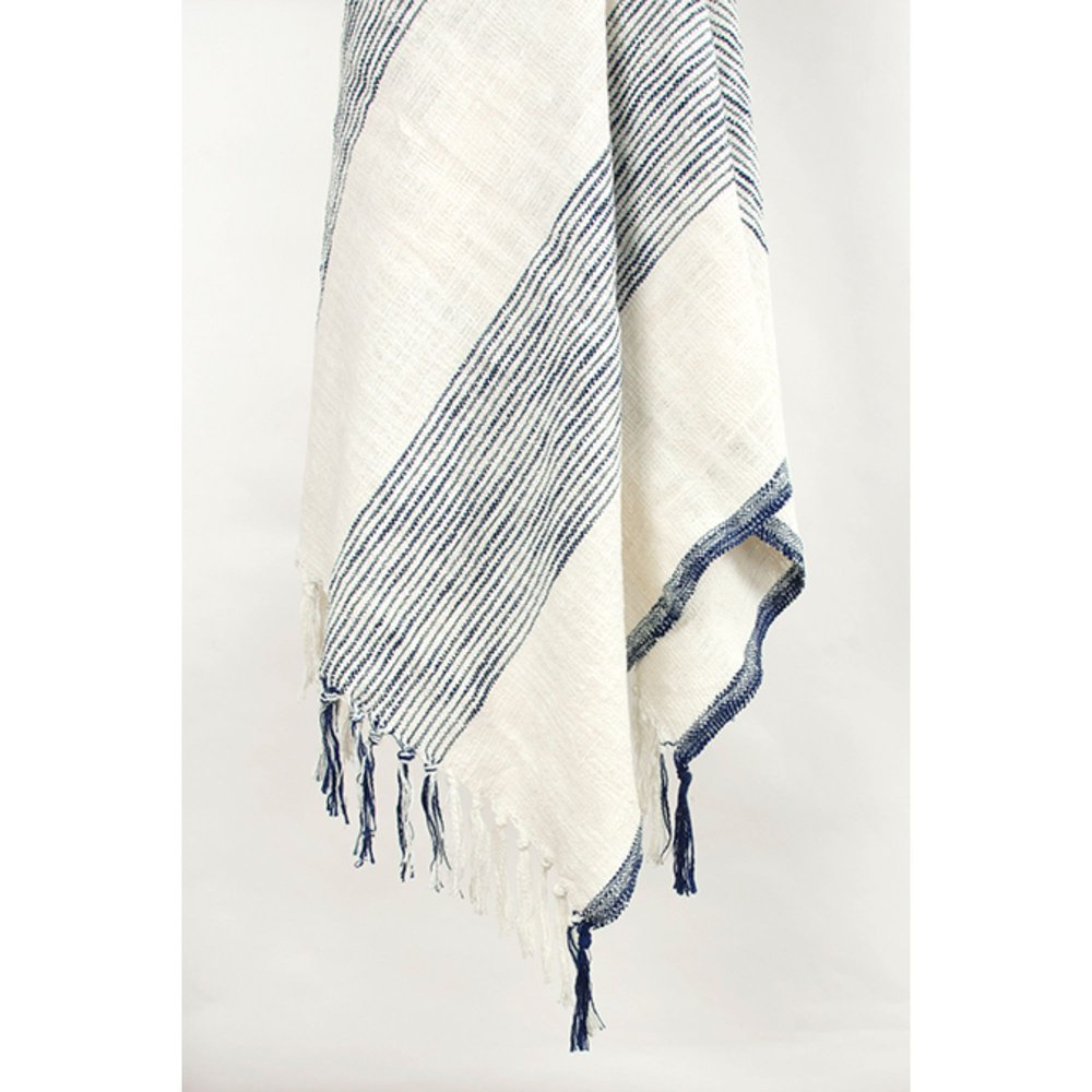 50" X 60" Blue And Ivory Cotton Woven Striped Throw Blanket with Fringe HomeRoots