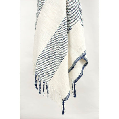 50" X 60" Blue And Ivory Cotton Woven Striped Throw Blanket with Fringe HomeRoots