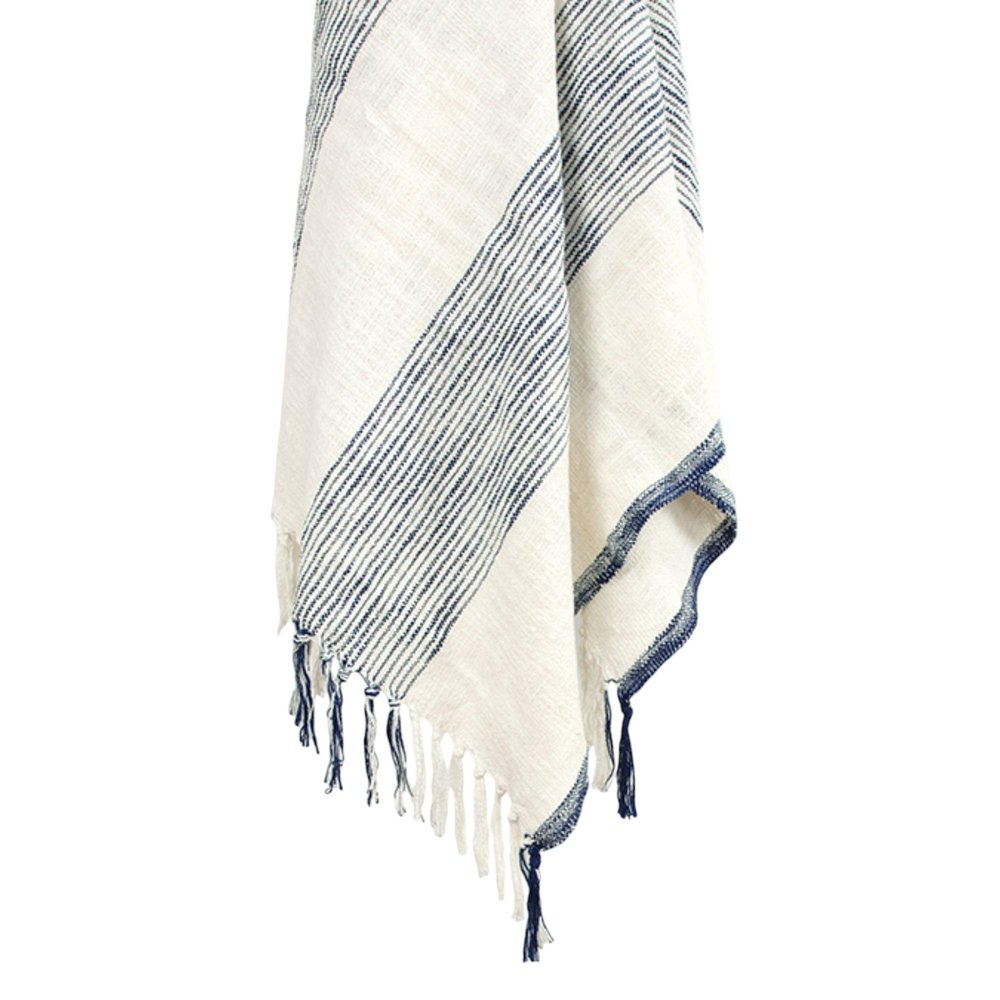 50" X 60" Blue And Ivory Cotton Woven Striped Throw Blanket with Fringe — view 7