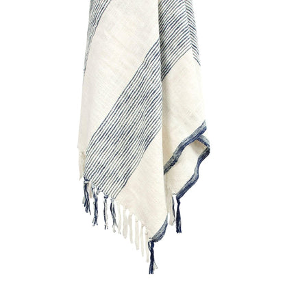 50" X 60" Blue And Ivory Cotton Woven Striped Throw Blanket with Fringe HomeRoots