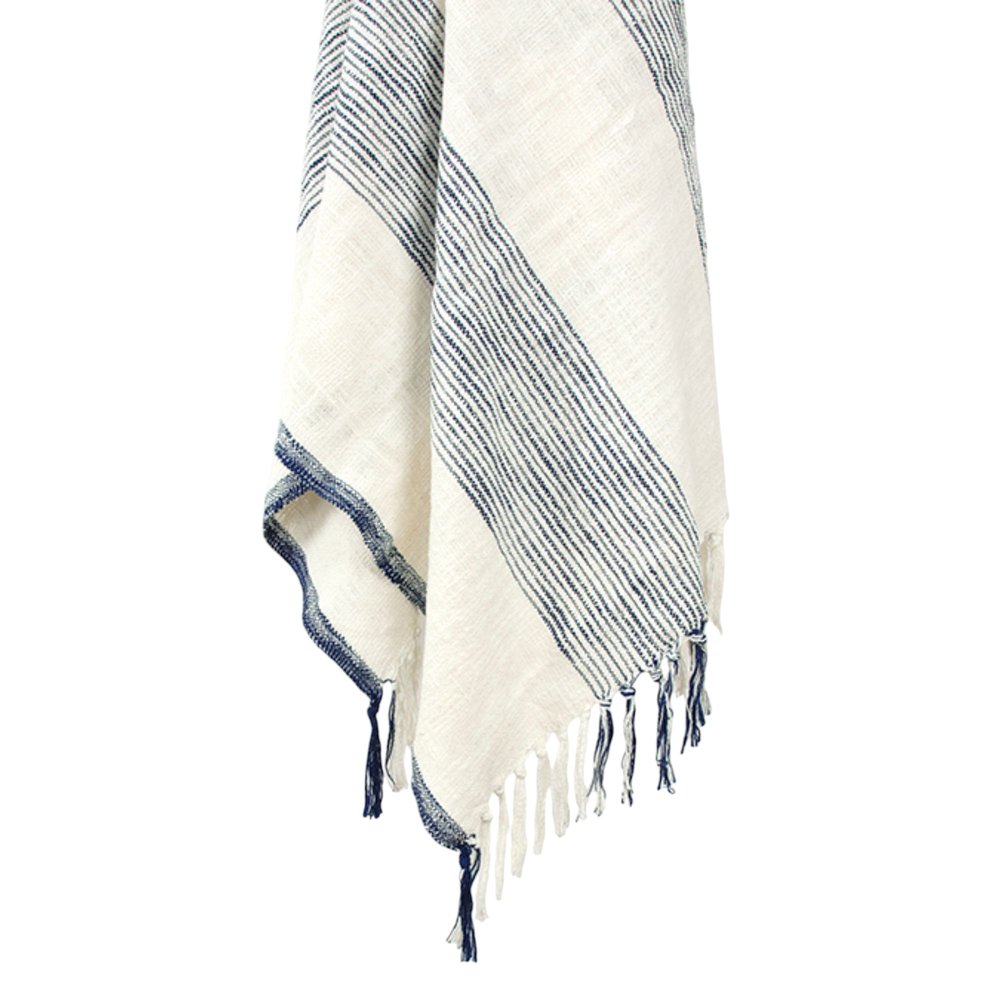 50" X 60" Blue And Ivory Cotton Woven Striped Throw Blanket with Fringe HomeRoots