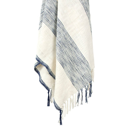 50" X 60" Blue And Ivory Cotton Woven Striped Throw Blanket with Fringe HomeRoots
