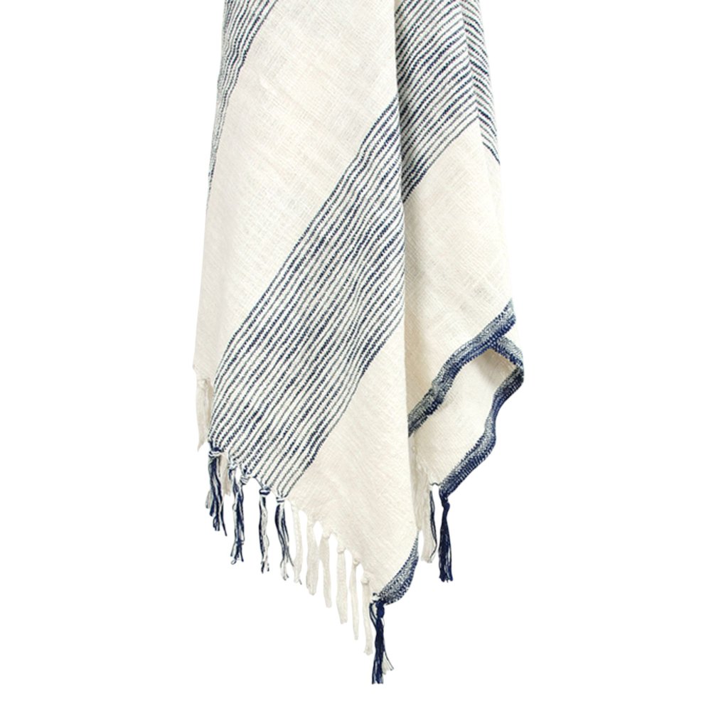 50" X 60" Blue And Ivory Cotton Woven Striped Throw Blanket with Fringe HomeRoots