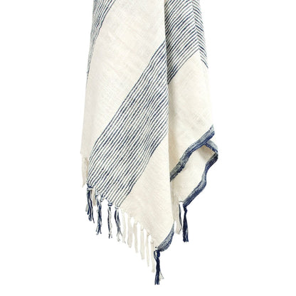 50" X 60" Blue And Ivory Cotton Woven Striped Throw Blanket with Fringe HomeRoots