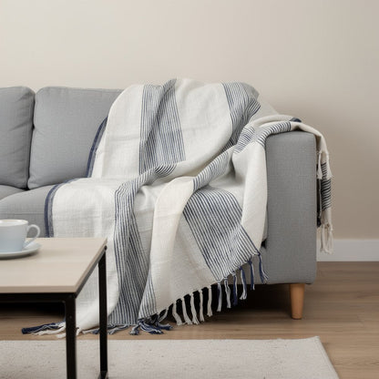 50" X 60" Blue And Ivory Cotton Woven Striped Throw Blanket with Fringe HomeRoots