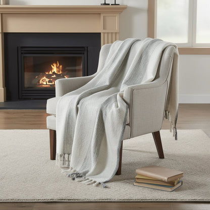 50" X 60" Gray And Ivory Cotton Woven Striped Throw Blanket with Fringe HomeRoots