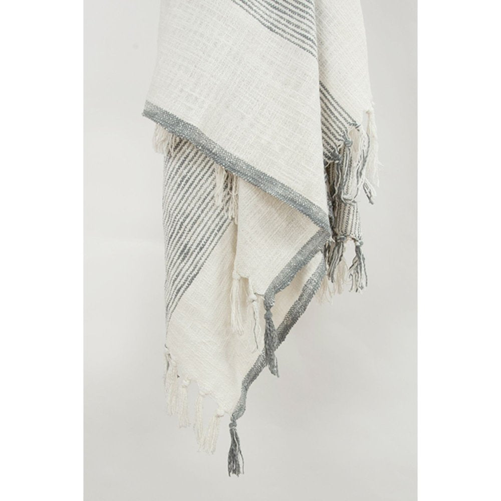 50" X 60" Gray And Ivory Cotton Woven Striped Throw Blanket with Fringe HomeRoots