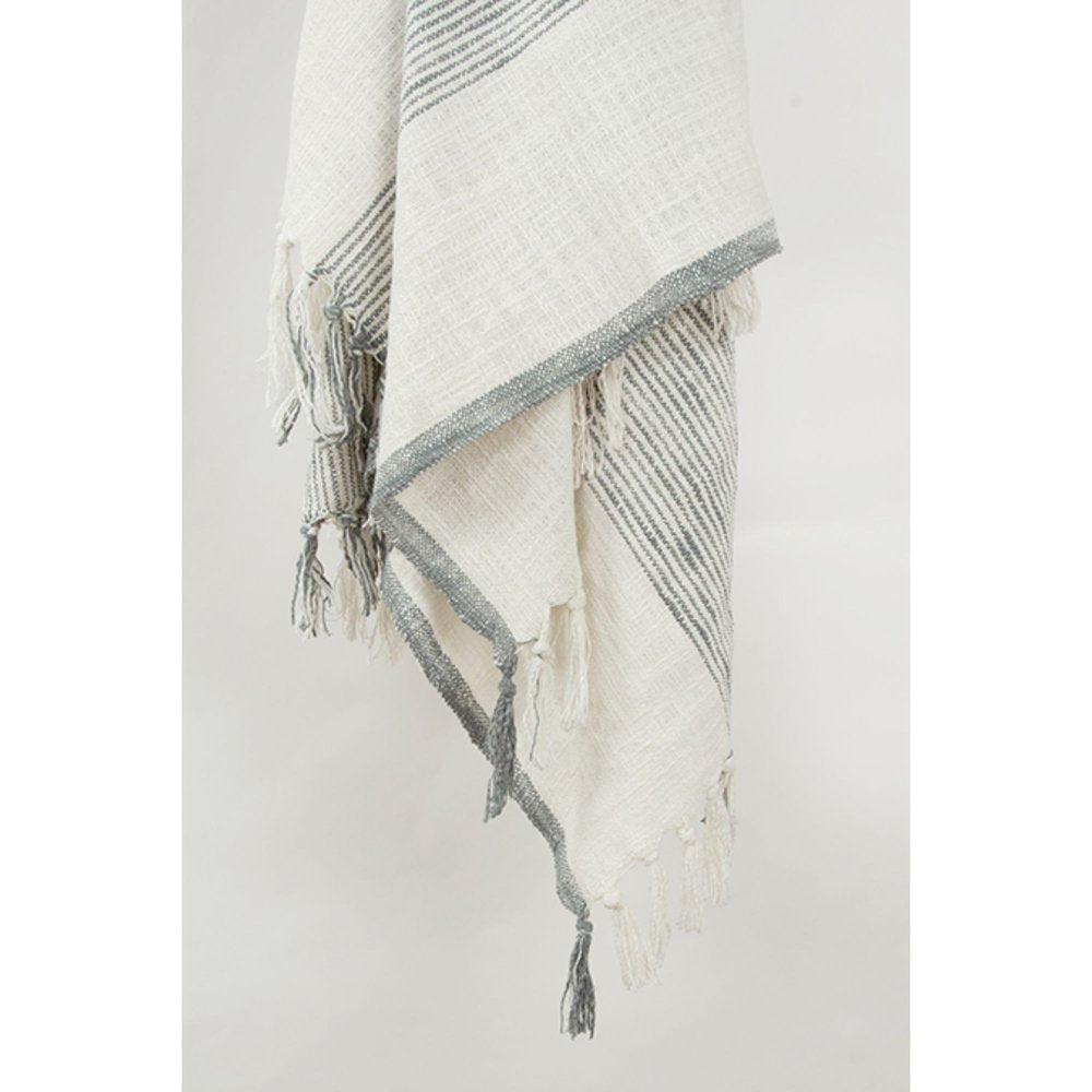 50" X 60" Gray And Ivory Cotton Woven Striped Throw Blanket with Fringe HomeRoots