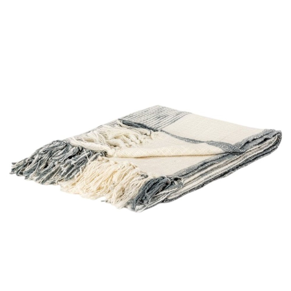 50" X 60" Gray And Ivory Cotton Woven Striped Throw Blanket with Fringe HomeRoots