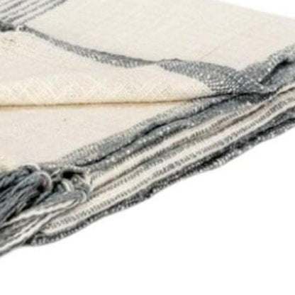 50" X 60" Gray And Ivory Cotton Woven Striped Throw Blanket with Fringe HomeRoots