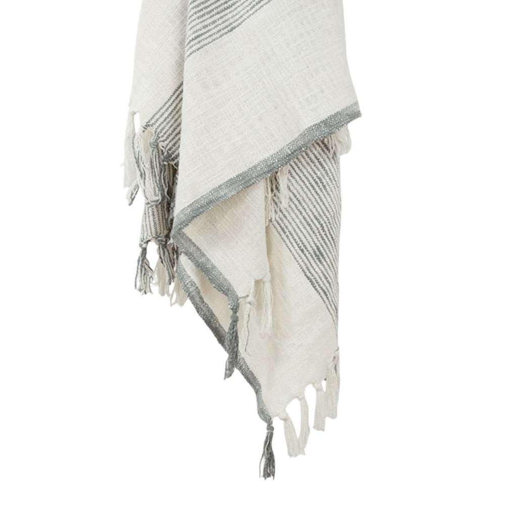 50" X 60" Gray And Ivory Cotton Woven Striped Throw Blanket with Fringe HomeRoots