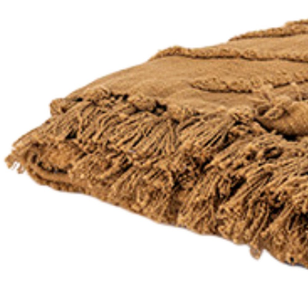 50" X 60" Camel Cotton Floral Throw Blanket with Tassels And Fringe HomeRoots