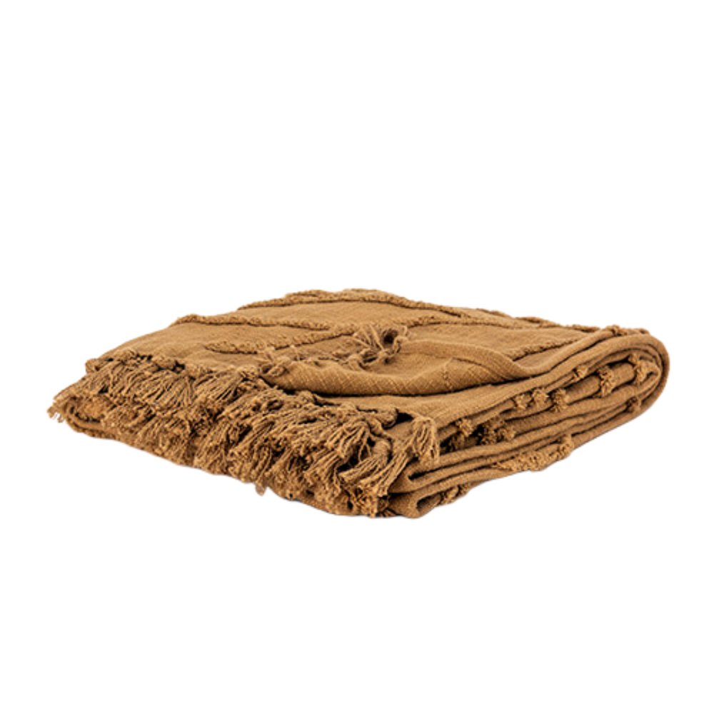 50" X 60" Camel Cotton Floral Throw Blanket with Tassels And Fringe HomeRoots