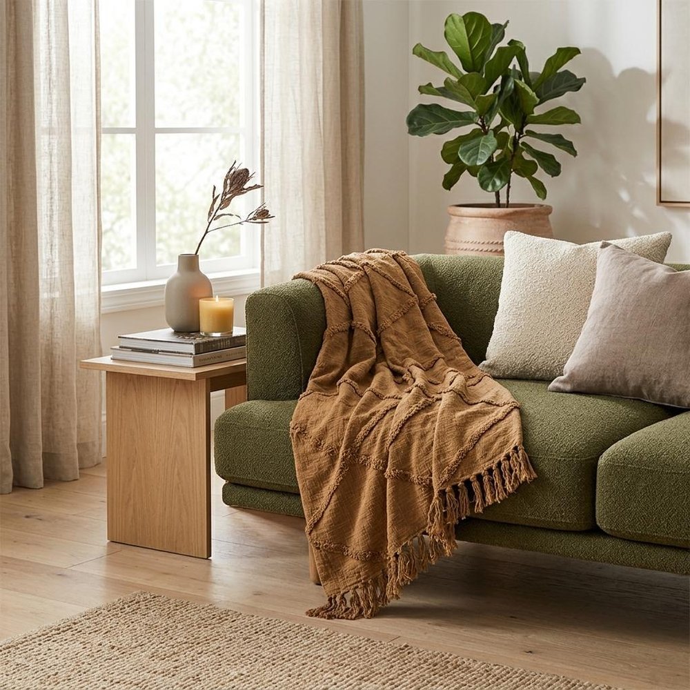50" X 60" Camel Cotton Floral Throw Blanket with Tassels And Fringe HomeRoots