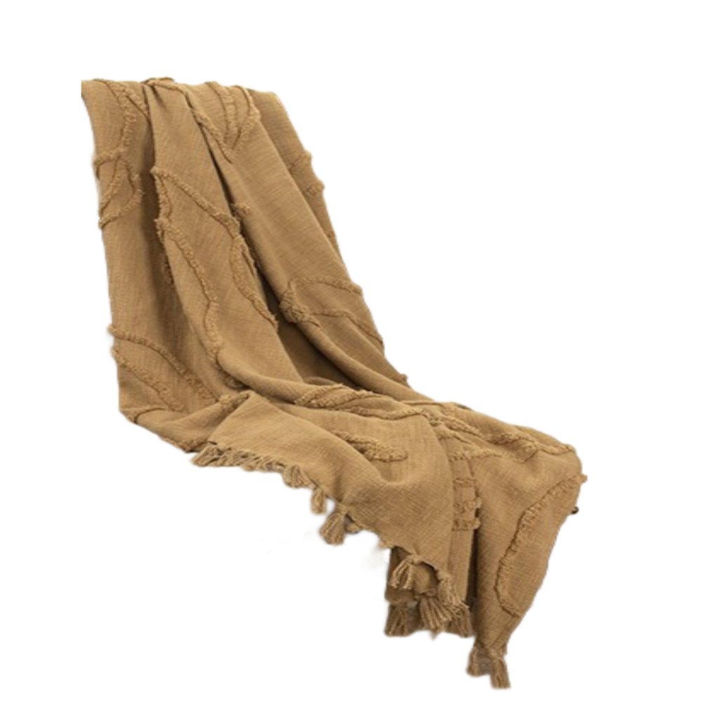 50" X 60" Camel Cotton Floral Throw Blanket with Tassels And Fringe HomeRoots