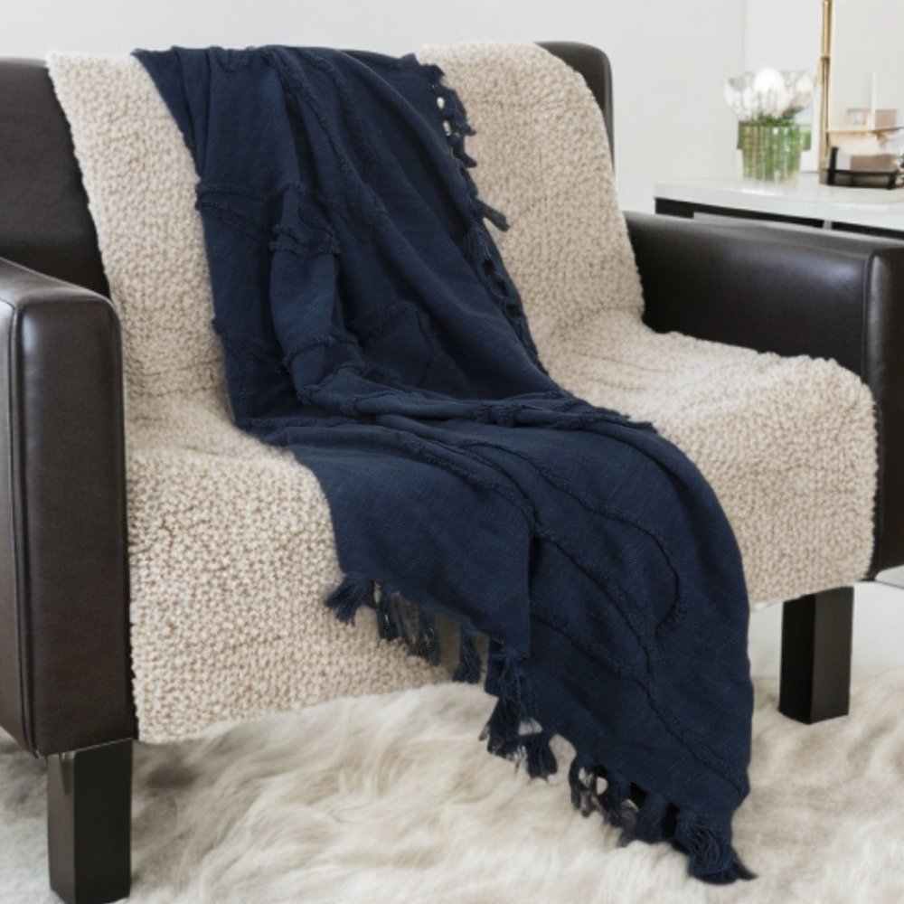 50" X 50" Blue Floral Cotton Woven Throw Blanket with Fringe HomeRoots