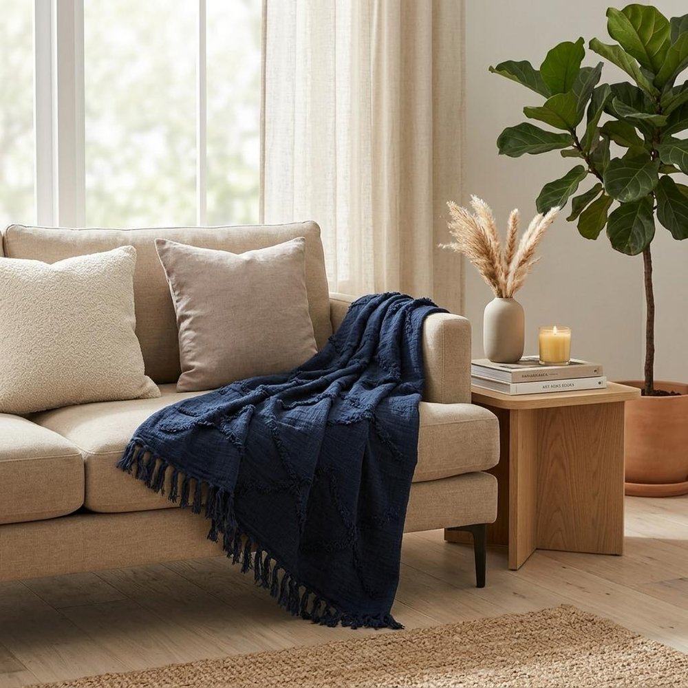 50" X 50" Blue Floral Cotton Woven Throw Blanket with Fringe HomeRoots