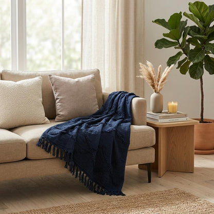 50" X 50" Blue Floral Cotton Woven Throw Blanket with Fringe HomeRoots