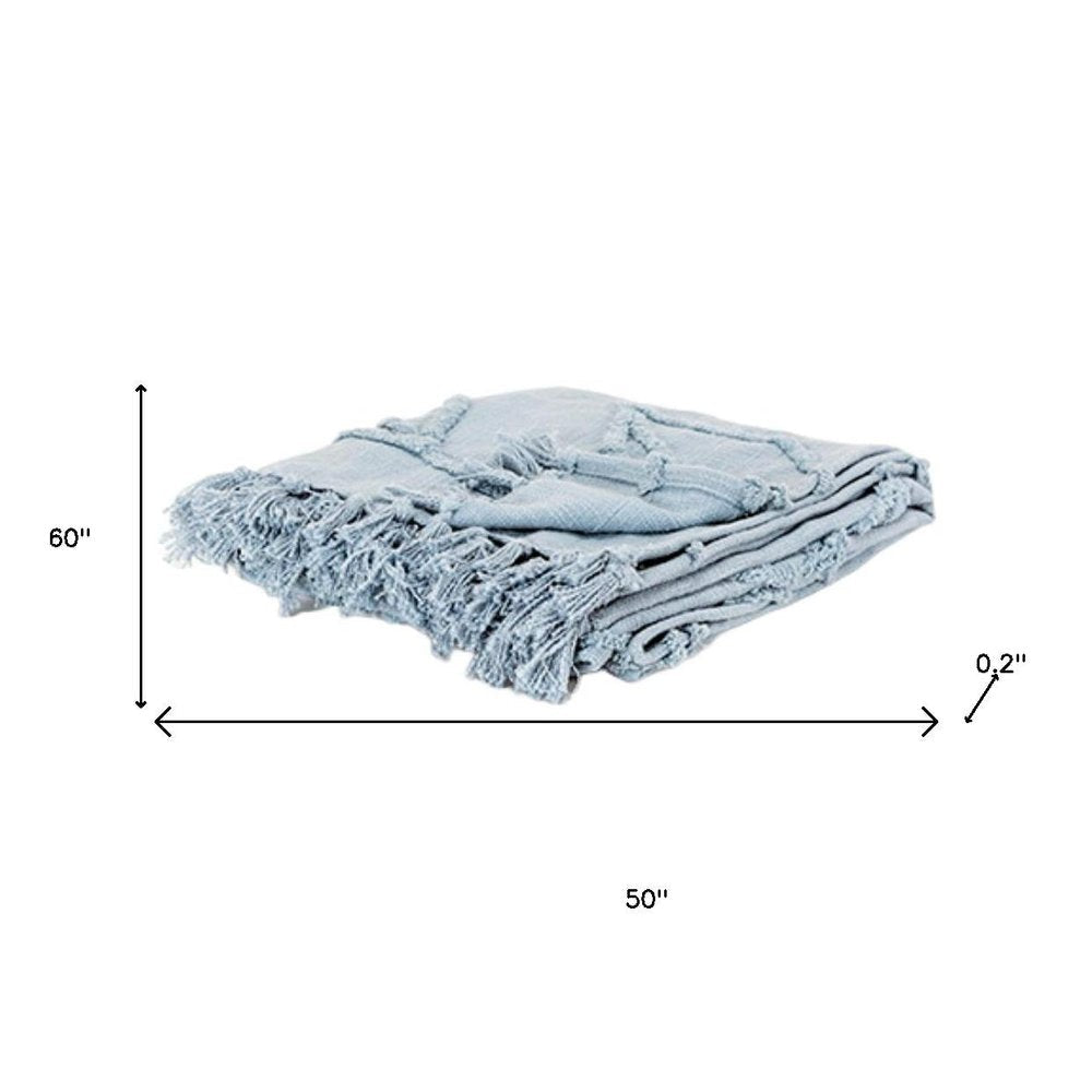 50" X 60" Light Blue Cotton Woven Throw Blanket with Tassels And Fringe HomeRoots