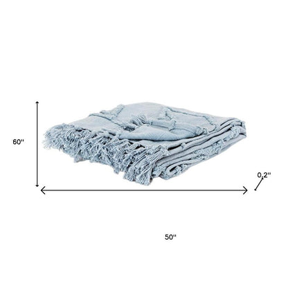 50" X 60" Light Blue Cotton Woven Throw Blanket with Tassels And Fringe HomeRoots